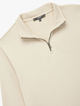 Uzun Kollu Şardonlu Basic Yarım Fermuarlı Sweatshirt