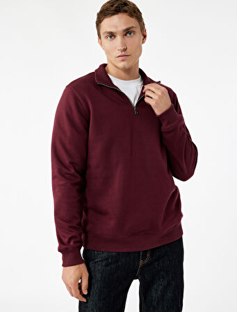 Uzun Kollu Şardonlu Basic Yarım Fermuarlı Sweatshirt