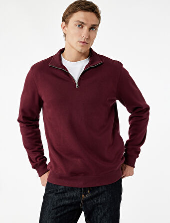 Uzun Kollu Şardonlu Basic Yarım Fermuarlı Sweatshirt