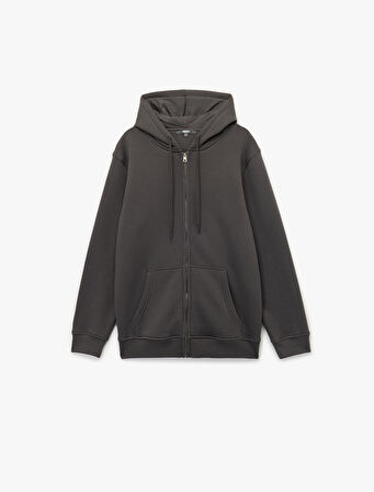 Uzun Kollu Şardonlu Fermuarlı Kanguru Cepli Sweatshirt