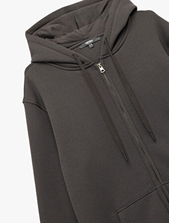 Uzun Kollu Şardonlu Fermuarlı Kanguru Cepli Sweatshirt