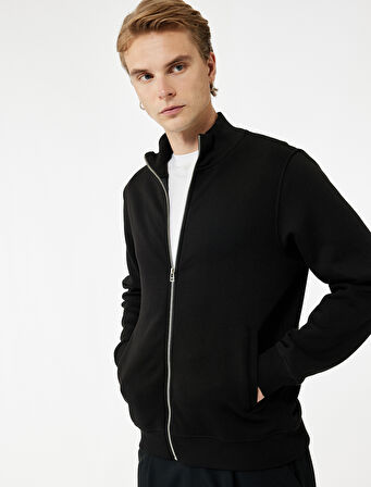 Şardonlu Uzun Kollu Cep Detaylı Basic Fermuarlı Hırka