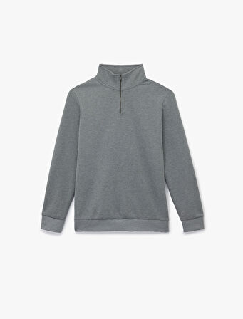 Dokulu Uzun Kollu Yarım Fermuarlı Sweatshirt