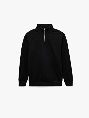 Dokulu Uzun Kollu Yarım Fermuarlı Sweatshirt