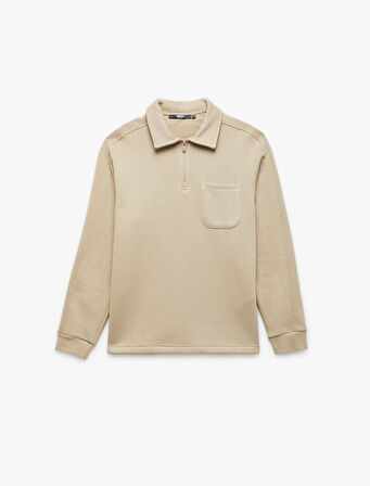 Şardonlu Cep Detaylı Uzun Kollu Yarım Fermuarlı Polo Yaka Sweatshirt
