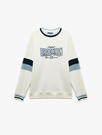 Şardonlu Uzun Kollu Bisiklet Yaka Renk Bloklu Kolej Baskılı Sweatshirt