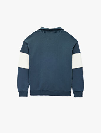 Oversize Şardonlu Renk Bloklu Kolej Baskılı Yarım Fermuarlı Sweatshirt