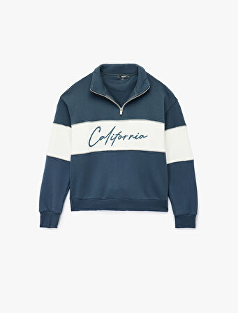 Oversize Şardonlu Renk Bloklu Kolej Baskılı Yarım Fermuarlı Sweatshirt