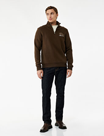 Şardonlu Uzun Kollu Baskılı Yarım Fermuarlı Sweatshirt