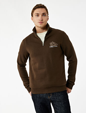 Şardonlu Uzun Kollu Baskılı Yarım Fermuarlı Sweatshirt