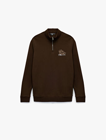 Şardonlu Uzun Kollu Baskılı Yarım Fermuarlı Sweatshirt