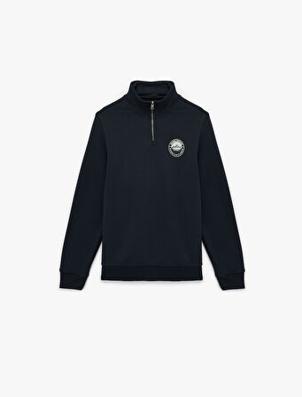 Şardonlu Uzun Kollu Baskılı Yarım Fermuarlı Sweatshirt