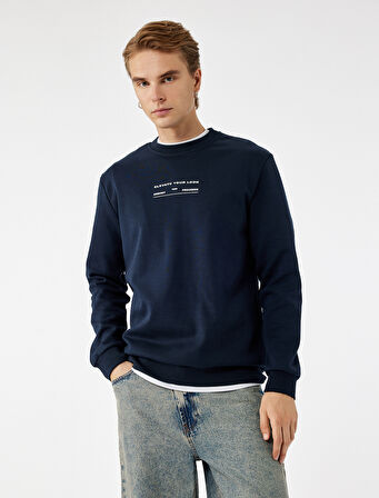 Uzun Kollu Pamuklu Bisiklet Yaka Baskılı Sweatshirt