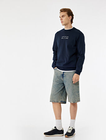 Uzun Kollu Pamuklu Bisiklet Yaka Baskılı Sweatshirt