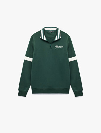 Şardonlu Uzun Kollu Kolej Nakışlı Renk Kontrastlı Yarım Fermuarlı Sweatshirt