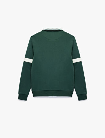 Şardonlu Uzun Kollu Kolej Nakışlı Renk Kontrastlı Yarım Fermuarlı Sweatshirt