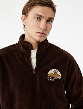 Nakışlı Uzun Kollu Renk Bloklu Yarım Fermuarlı Polar Sweatshirt