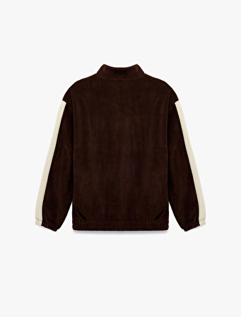 Nakışlı Uzun Kollu Renk Bloklu Yarım Fermuarlı Polar Sweatshirt