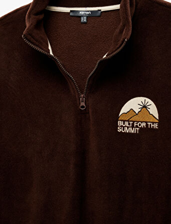 Nakışlı Uzun Kollu Renk Bloklu Yarım Fermuarlı Polar Sweatshirt