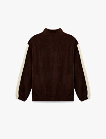 Nakışlı Uzun Kollu Renk Bloklu Yarım Fermuarlı Polar Sweatshirt