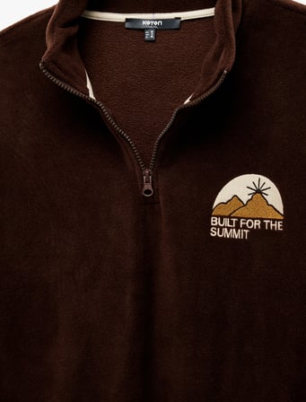Nakışlı Uzun Kollu Renk Bloklu Yarım Fermuarlı Polar Sweatshirt