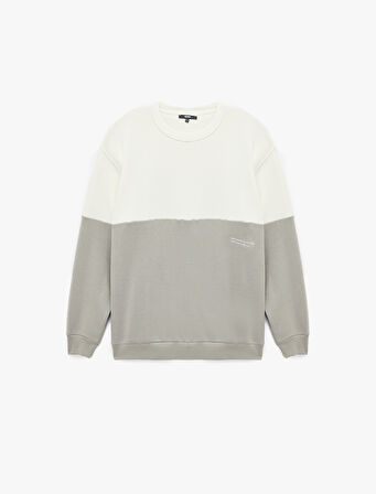 Oversize Uzun Kollu Renk Bloklu Baskı Detaylı Bisiklet Yaka Sweatshirt