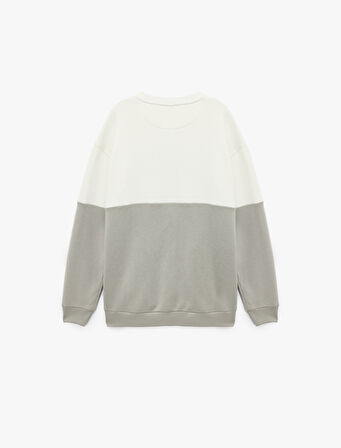 Oversize Uzun Kollu Renk Bloklu Baskı Detaylı Bisiklet Yaka Sweatshirt