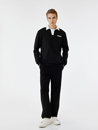 Uzun Kollu Pamuklu Düğmeli Nakışlı Renk Kontrastlı Polo Yaka Sweatshirt
