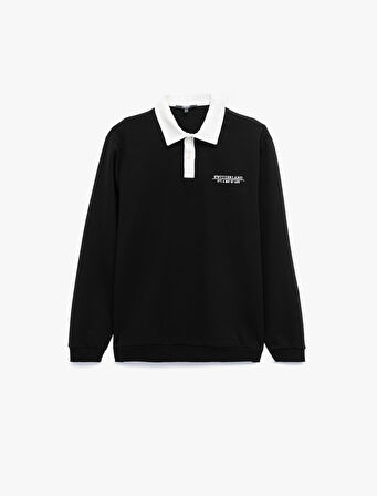 Uzun Kollu Pamuklu Düğmeli Nakışlı Renk Kontrastlı Polo Yaka Sweatshirt