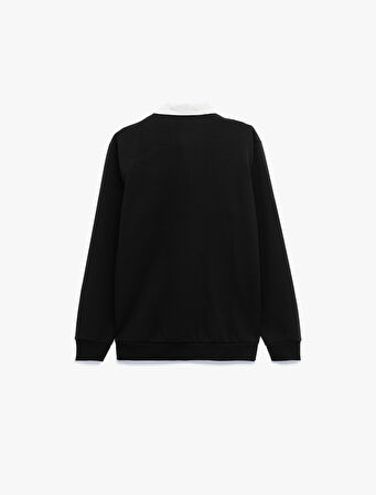 Uzun Kollu Pamuklu Düğmeli Nakışlı Renk Kontrastlı Polo Yaka Sweatshirt