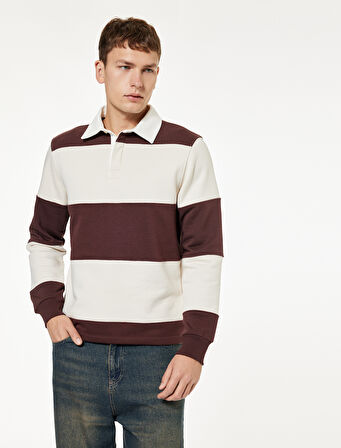 Regular Fit Renk Bloklu Uzun Kollu Polo Yaka Sweatshirt