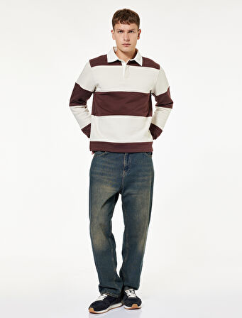 Regular Fit Renk Bloklu Uzun Kollu Polo Yaka Sweatshirt