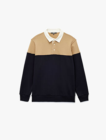 Uzun Kollu Şardonlu Renk Bloklu Polo Yaka Sweatshirt