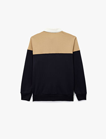 Uzun Kollu Şardonlu Renk Bloklu Polo Yaka Sweatshirt