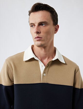 Uzun Kollu Şardonlu Renk Bloklu Polo Yaka Sweatshirt