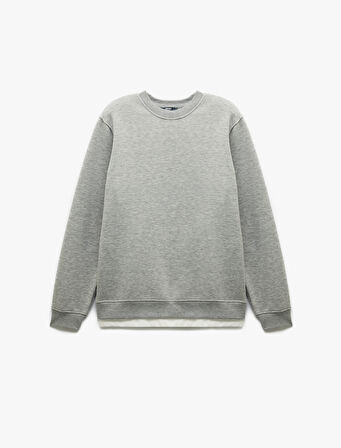 Uzun Kollu Şardonlu Kumaş Detaylı Bisiklet Yaka Sweatshirt