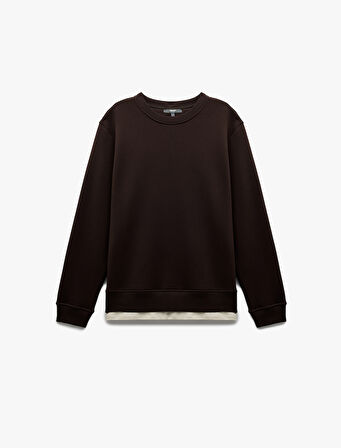 Uzun Kollu Şardonlu Kumaş Detaylı Bisiklet Yaka Sweatshirt
