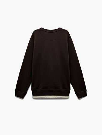 Uzun Kollu Şardonlu Kumaş Detaylı Bisiklet Yaka Sweatshirt