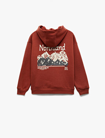 Uzun Kollu Baskılı Şardonlu Pamuklu Kapşonlu Sweatshirt