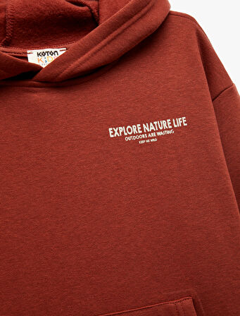 Uzun Kollu Baskılı Şardonlu Pamuklu Kapşonlu Sweatshirt