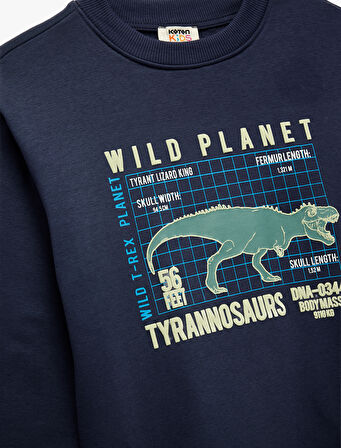 Dinozor Baskılı Şardonlu Uzun Kollu Bisiklet Yaka Sweatshirt