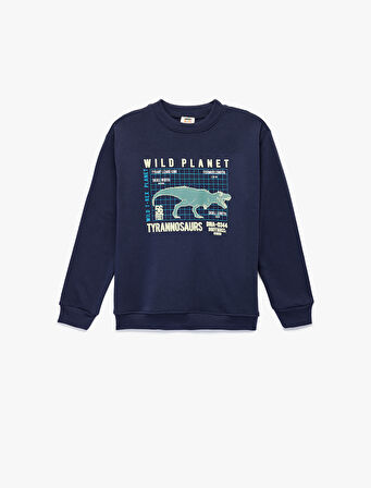 Dinozor Baskılı Şardonlu Uzun Kollu Bisiklet Yaka Sweatshirt