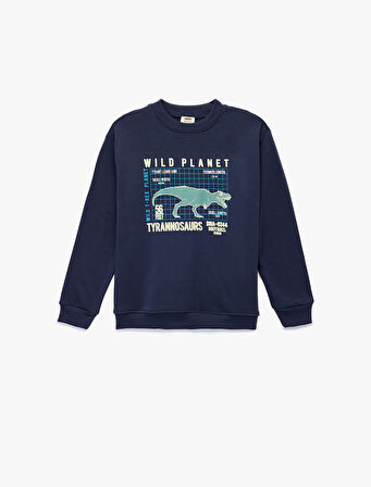 Dinozor Baskılı Şardonlu Uzun Kollu Bisiklet Yaka Sweatshirt