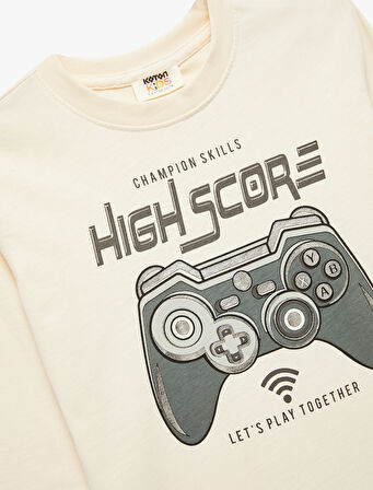 Pamuklu Uzun Kollu Bisiklet Yaka Baskılı Tişört