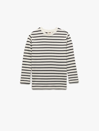 Pamuklu Uzun Kollu Bisiklet Yaka Çizgili Tişört