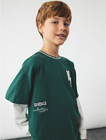 Pamuklu Nakış Detaylı Uzun Kollu Bisiklet Yaka Tişört