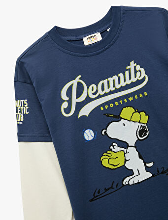Uzun Kollu Bisiklet Yaka Renk Kontrastlı Lisanslı Snoopy Baskılı Tişört