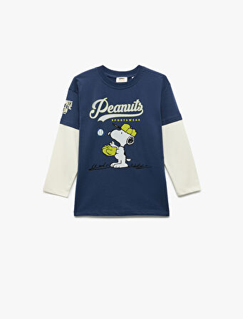 Uzun Kollu Bisiklet Yaka Renk Kontrastlı Lisanslı Snoopy Baskılı Tişört