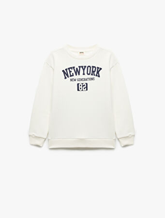 Oversize Uzun Kollu Bisiklet Yaka Şardonlu Baskılı Sweatshirt