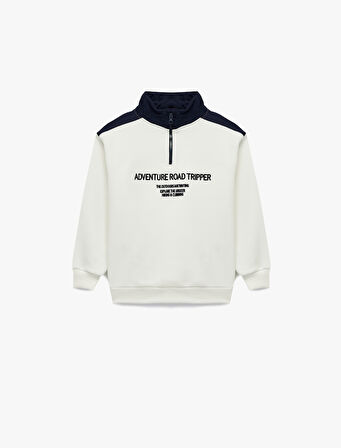 Uzun Kollu Renk Bloklu Baskılı Dik Yaka Yarım Fermuarlı Sweatshirt